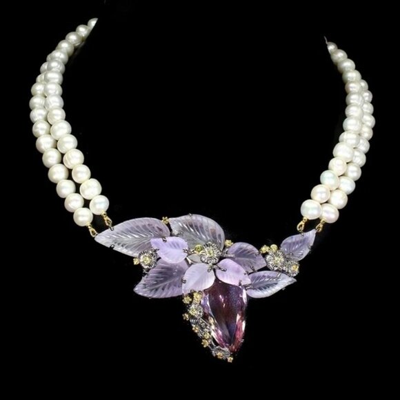 Natural Amethyst, Ametrine, Pearl‎ 925 Silver Necklace With Carved Stones - Picture 1 of 5